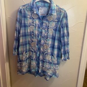 3J Workshop by Johnny Was Blue Plaid Shirt with Rose Embroidery